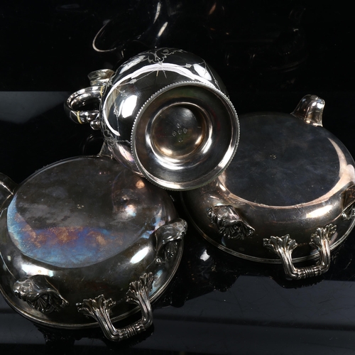 1202 - A silver plated coffee pot, with engraved decoration, a pair of 2-handled plated food warmers, and a... 