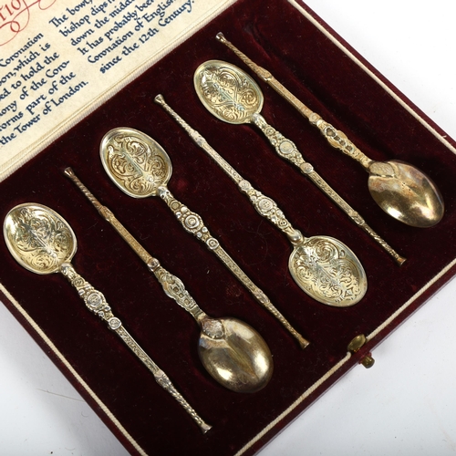 1218 - An Edward VIII set of 6 silver-gilt anointing spoons, hallmarks for London 1936, cased, with 1 later... 