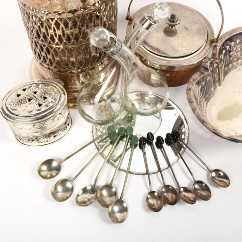 1226 - A silver-mounted oil and vinegar jar, silver coffee bean-end spoons, syphon holder etc