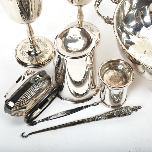 1231 - Silver plated goblets, a 2-handled fruit bowl, a Ronson table lighter etc