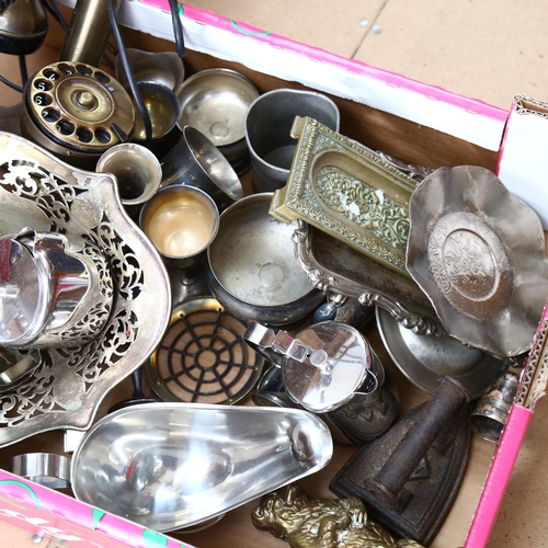 1245 - Plated goblets, pewter ware, a reproduction stick telephone, bear design money box etc (boxful)