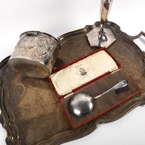 1250 - A large rectangular 2-handled silver plated serving tray, a plated biscuit barrel, candlestick etc