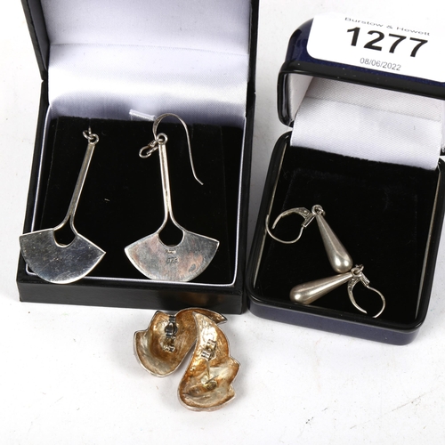 1277 - 3 pairs of stylised silver earrings