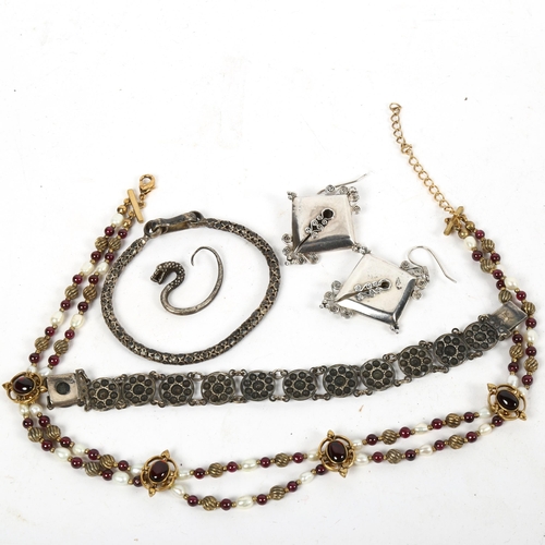 1281 - 2 silver bracelets, silver earrings, Past Times necklace etc