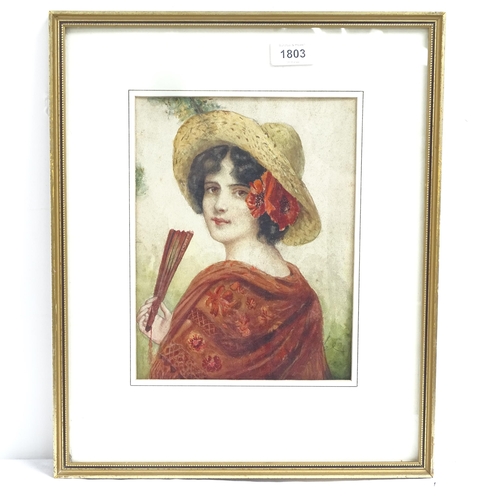 1803 - 19th century watercolour, portrait of a girl with a fan, indistinctly signed, 25cm x 19cm, framed