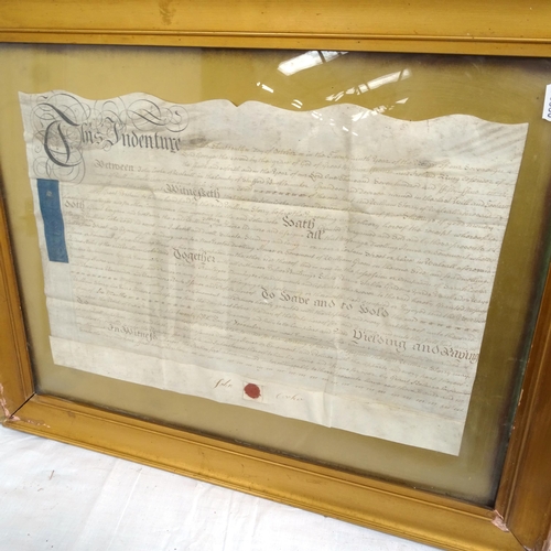 1865 - A 19th century Indenture, and Cecil Aldin, coloured print, coaching in, framed (2)