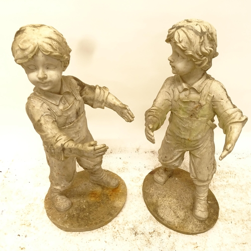 2718 - 2 composite garden statues in the form of boys, H61cm