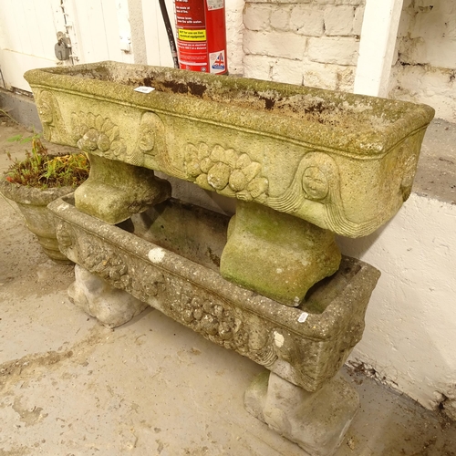 2720 - A rectangular weathered concrete garden planter, L86cm, H36cm, D27cm, and another (A/F)