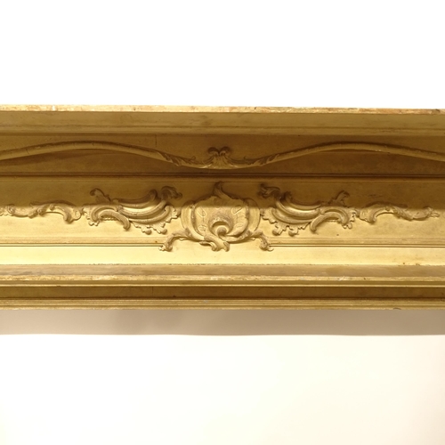 2725 - A Victorian painted pine fire surround, with applied scrolled decoration, W155cm, H130cm, rebate wid... 