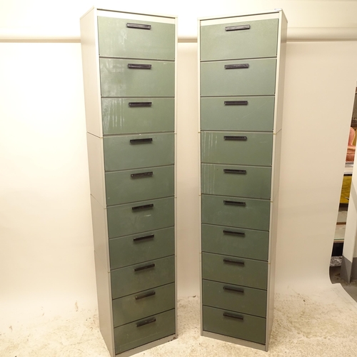 2728 - A pair of French 4-sectional metal lockers, with 10 fall-fronts, W43cm, H194cm, D31cm