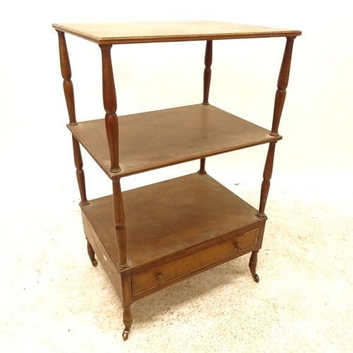 2730 - An early 20th century mahogany 3-tiered stand, with single frieze drawer, W50cm, H80cm, D37cm