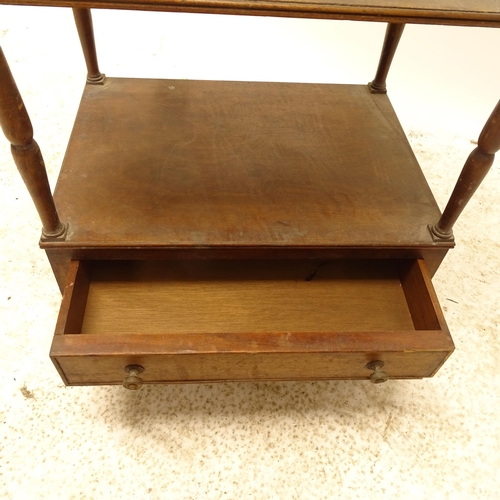 2730 - An early 20th century mahogany 3-tiered stand, with single frieze drawer, W50cm, H80cm, D37cm