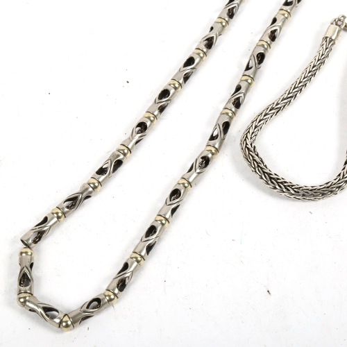 1301 - A cylindrical panelled silver necklace, and a woven silver bracelet (2)