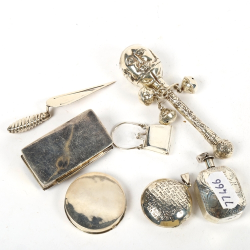 1331 - A collection of modern 925 silver pillboxes, baby's rattle, trowel bookmark etc (7)