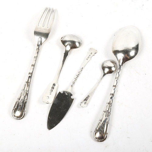 1340 - A matching silver fork and spoon, a silver mustard spoon with gilded bowl, and 2 others (5), 3oz