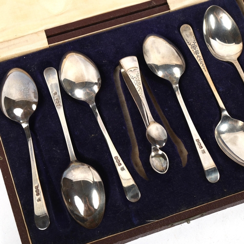 1351 - A set of 6 George V silver teaspoons with matching tongs, in fitted case, Sheffield 1916