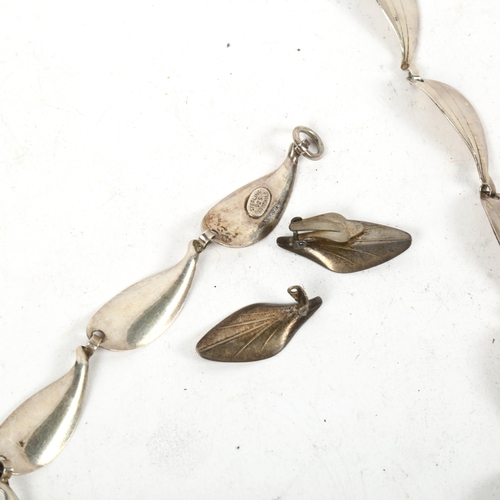 1376 - A stylised Danish sterling silver leaf design panel necklace, and a pair of matching earrings, 1 cli... 