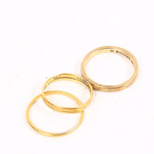 1384 - An 18ct gold wedding band (A/F), 2g, and 2 x 9ct gold wedding bands, 4.6g (3)