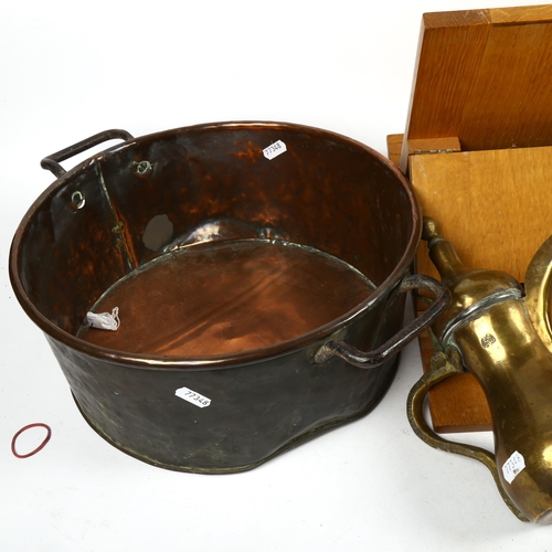 272 - A 19th century copper jam pan, a Turkish brass ewer, height 26cm, and an adjustable bookrest (3)