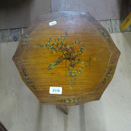 2119 - An early 20th century 2-tier oak jardiniere stand, with painted floral decoration, W35cm, H74cm