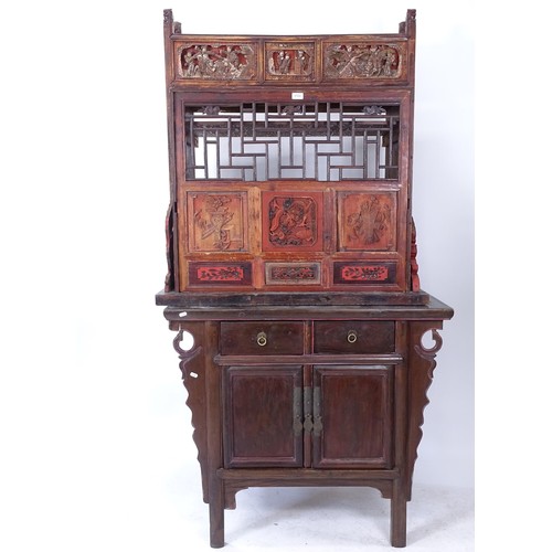 2340 - A Chinese elm altar cabinet, with 2 frieze drawers and cupboards under, W100cm, H88cm, D58cm, and a ... 