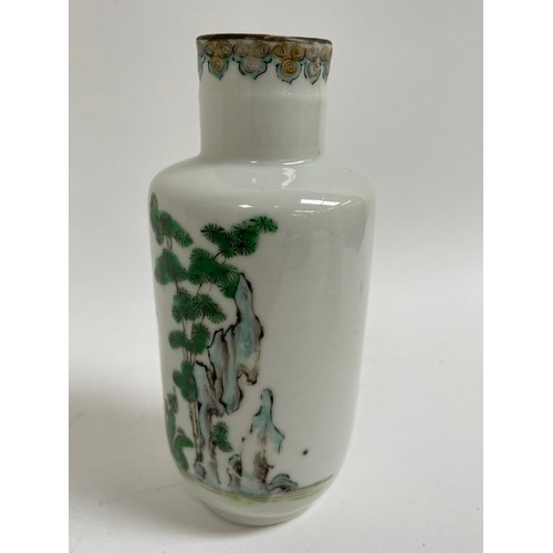 90 - A small Chinese famille rose porcelain 'scholar' vase, hand painted and enamel decoration, height 14... 