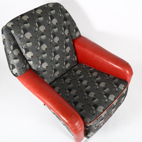 1519 - A mid-century armchair, with space age fabric and leather arms, on beech legs, height 87cm