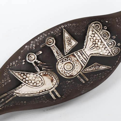 1574 - BARTOSOVA LISBET for Keramia Znaim, 1970s, a Hungarian elongated pottery dish with stylised bird dec... 