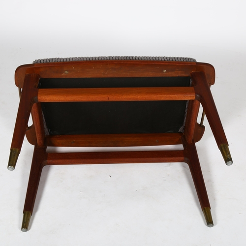 1579 - A mid-century Danish teak and brass stool, the teak frame with brass handles and sabots, height 48cm