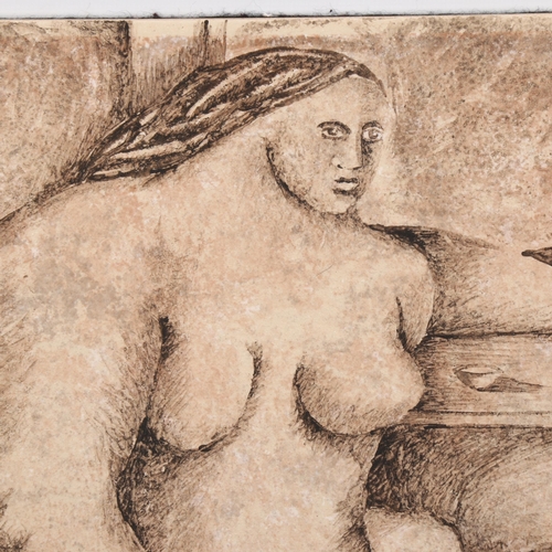 1581 - PAULINE HUGHES, a ceramic, wall-hanging tile with painted nude, 2002, signed, 32.5cm sq