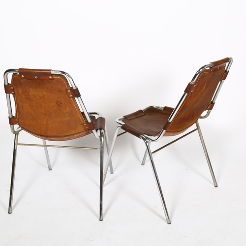 1611 - A pair of mid-century CHARLOTTE PERRIAND Les Arcs leather and chrome chairs, height 81cm