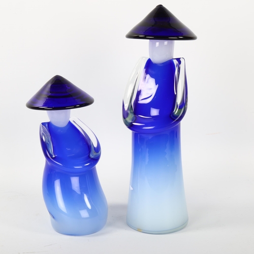 1616 - A pair of Murano blue glass Chinese figures, signed to base, tallest 30cm