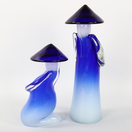 1616 - A pair of Murano blue glass Chinese figures, signed to base, tallest 30cm