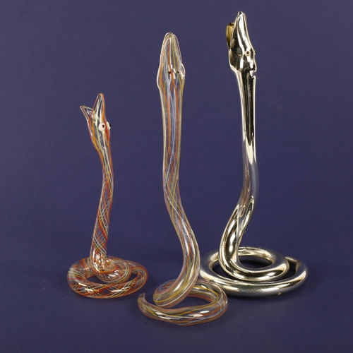 1618 - A BIMINI, Werkstatte or Lauscha lampworked mirrored glass snake and 2 similar striped snakes