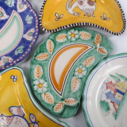 1624 - C.A.S. VIETRI, Italy, 6 mid-century crescent shaped pottery dishes with various painted decoration, ... 