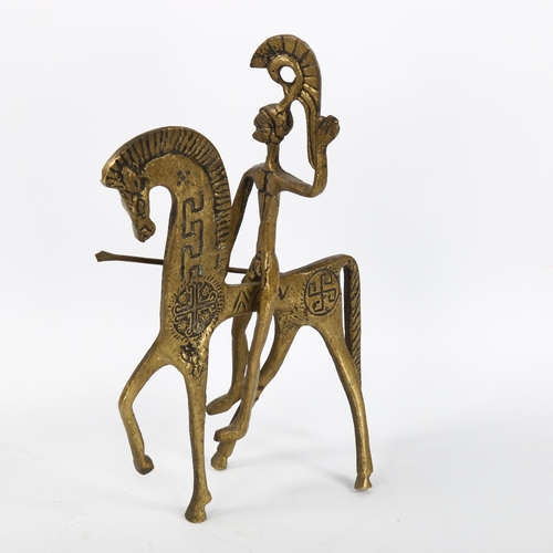 1637 - A mid-century Greek Brutalist brass horse and rider in manner of FREDERICK WEIGBERG, height 25cm