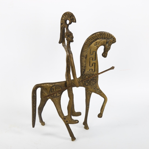 1637 - A mid-century Greek Brutalist brass horse and rider in manner of FREDERICK WEIGBERG, height 25cm