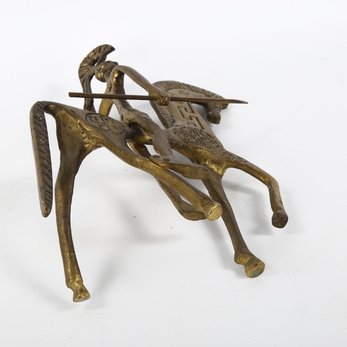 1637 - A mid-century Greek Brutalist brass horse and rider in manner of FREDERICK WEIGBERG, height 25cm