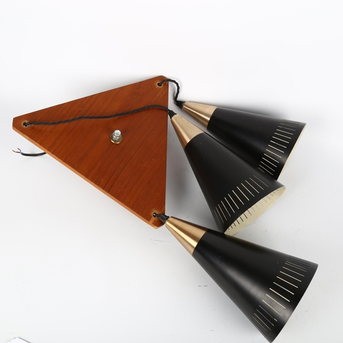 1669 - A mid-century 3 branch teak and aluminium ceiling lamp fitting in the style of HANS AGNE JAKOBSSON, ... 