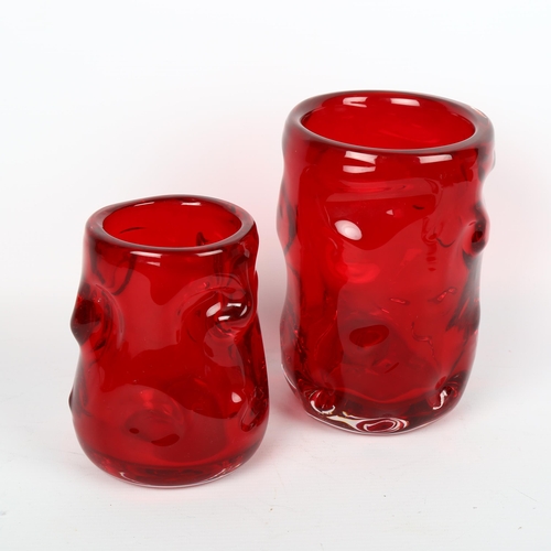 1684 - WHITEFRIARS Glass, two red knobbly vases, tallest 17cm