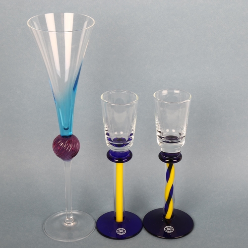 1687 - REIJYRE, Sweden, 2 stem glasses, signed under base , MH 93188/89 and another glass, tallest 29cm