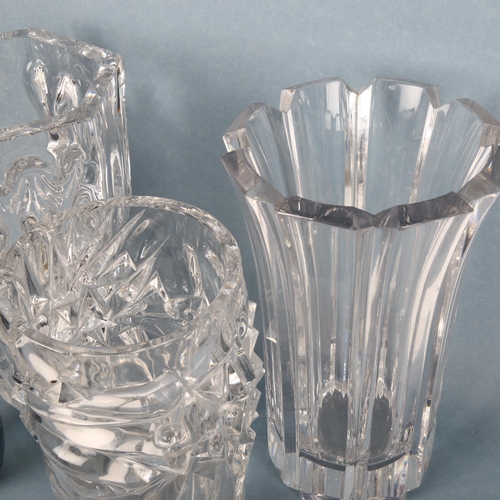 1706 - 2 ORREFORS clear glass vases and another bark style vase, Orrefors vases with makers marks, tallest