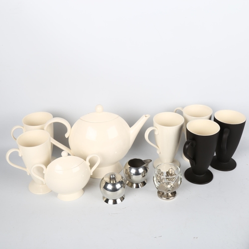 1710 - NICK MUNRO, a vintage hand made ceramic tea-set and matching metal pieces (11)