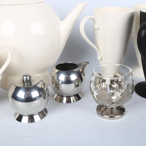 1710 - NICK MUNRO, a vintage hand made ceramic tea-set and matching metal pieces (11)