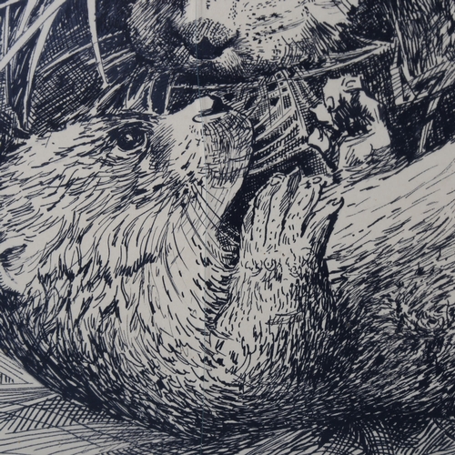 2062 - Spencer Roberts, pen and ink, young otters, signed and dated 1971, 33cm x 51cm, framed