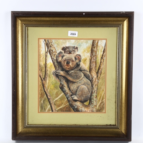 2069 - John Mackay (Australian), watercolour, koala bears, signed, 28cm x 26cm, framed