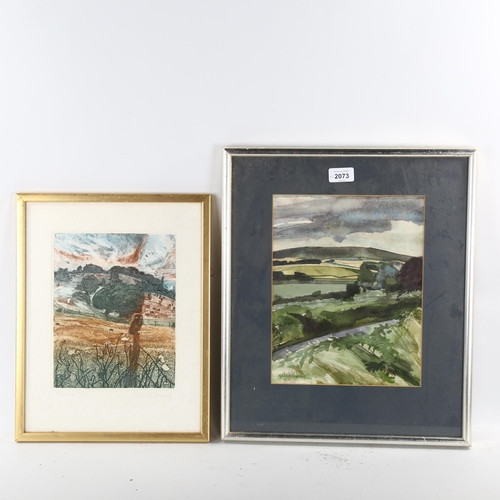 2073 - Robert Greenhalf, watercolour landscape, 29cm x 23cm, and coloured etching by the same artist, frame... 