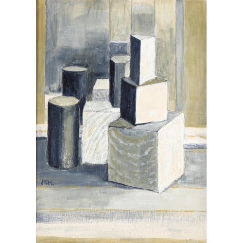 2106 - J W Murray, oil on board, geometric still life, signed with monogram, 35cm x 25cm, framed