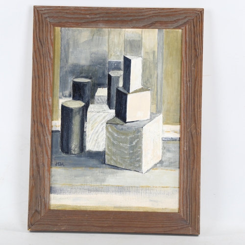 2106 - J W Murray, oil on board, geometric still life, signed with monogram, 35cm x 25cm, framed