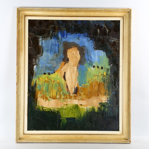 2108 - Geoffrey Lilley, mid-20th century oil on canvas, abstract figure, artist stamp on stretcher, inscrib... 